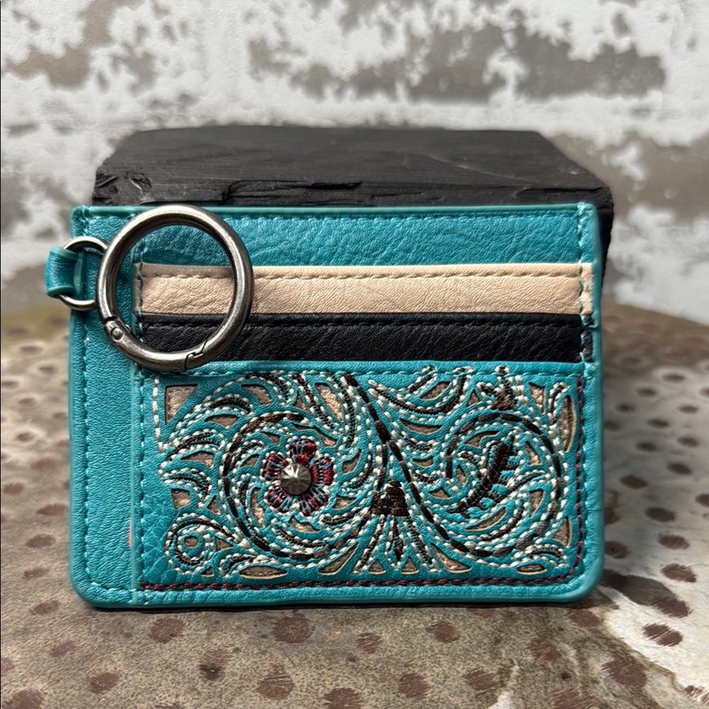 Embroidered Teal Card Holder